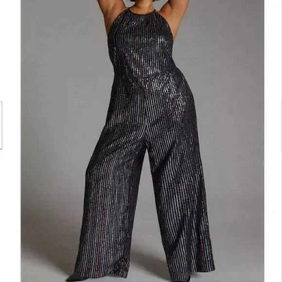 Anthropologie Maeve 26W NWT Metallic Disco Halter Wide Leg Jumpsuit Silver Black
